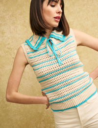 Blue and Cream Stripe Peter Pan Collar Mock-Crochet Top