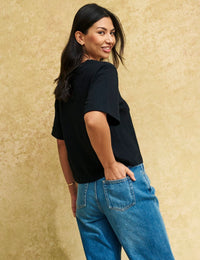 Black Linen-blend V-Neck T-Shirt