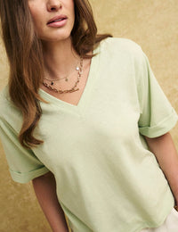 Green Linen-blend V-Neck T-Shirt