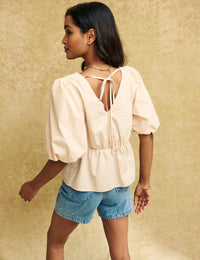 Beige V-Neck Puff Sleeve Vienna Blouse