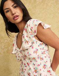 White Floral Flutter Sleeve Top