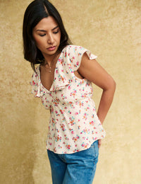 White Floral Flutter Sleeve Top