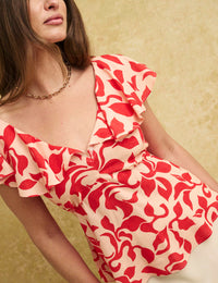 Red Petal Print Flutter Sleeve Top