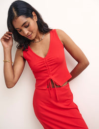 Red Ruched Slit Crop Top