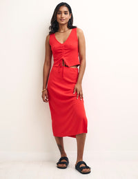 Red Ruched Slit Crop Top