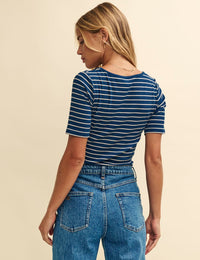 Blue & White Stripe Scoop Neck Top
