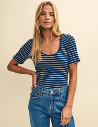 Blue & White Stripe Scoop Neck Top