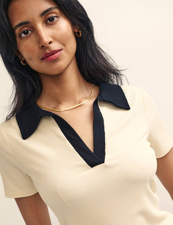 Cream With Black Collar Polo Top