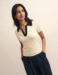 Cream With Black Collar Polo Top