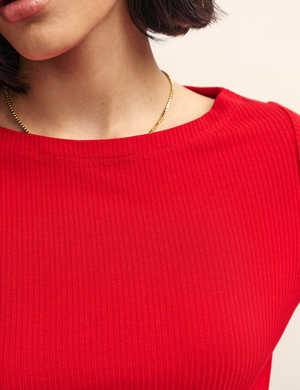 Red Long Sleeve Slash Neck Top