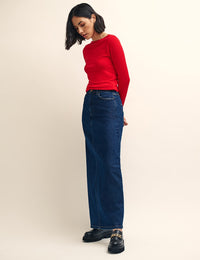 Red Long Sleeve Slash Neck Top