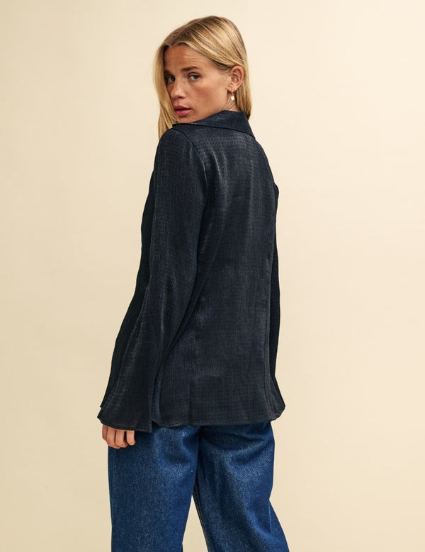 Black Plisse Tie Front Shirt