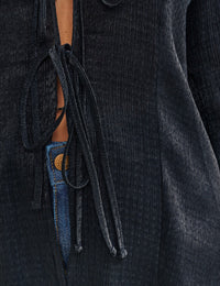 Black Plisse Tie Front Shirt