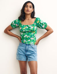 Green Floral Ruched Bodice Jersey Top