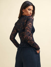Black Lace Long Sleeve Funnel Neck Top