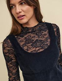 Black Lace Long Sleeve Funnel Neck Top