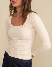 Cream Scoop Neck Long Sleeve Top