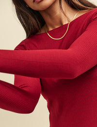 Dark Red Long Sleeve Slash Neck Top